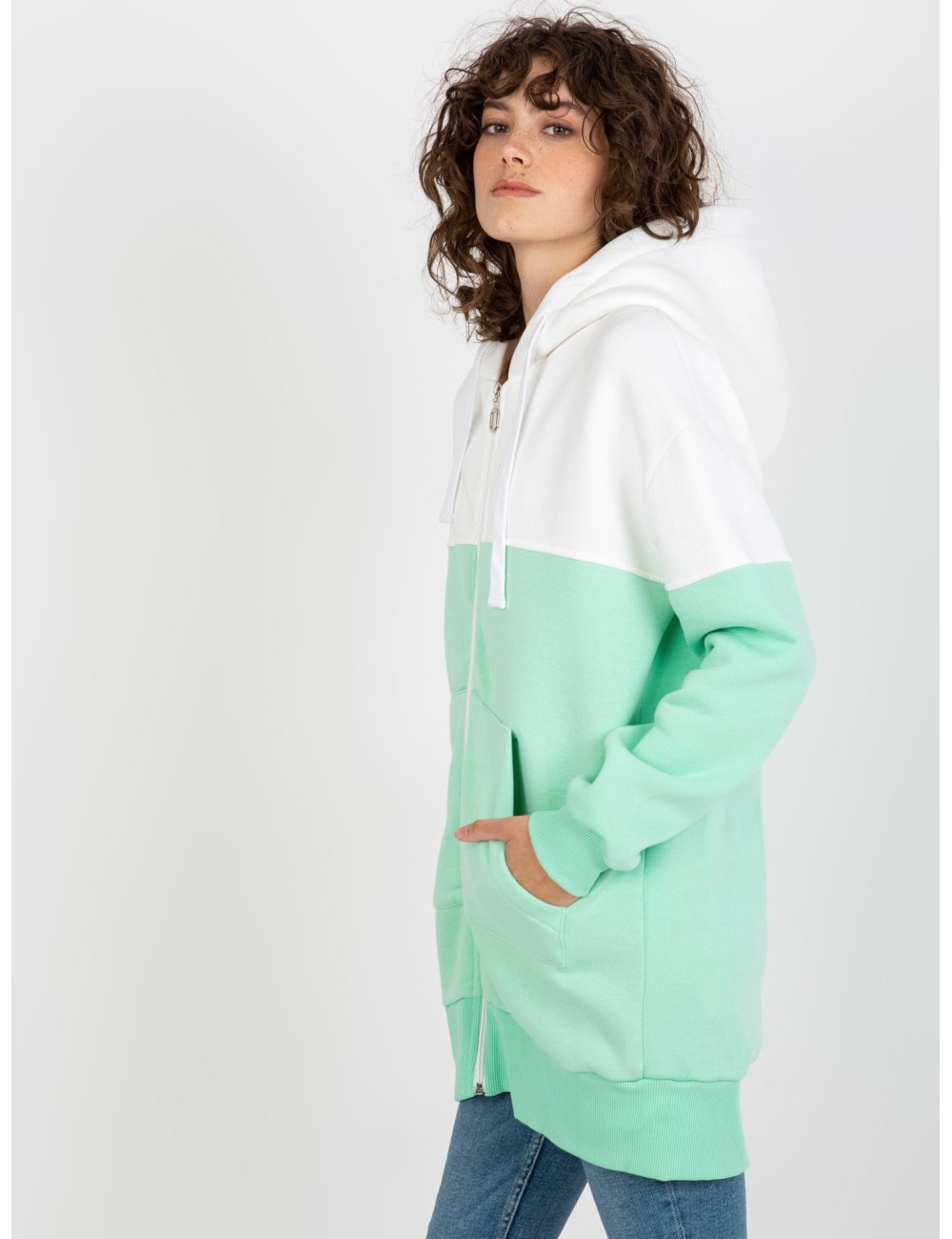 Ecru-szara dresowa długa bluza basic z suwakiem