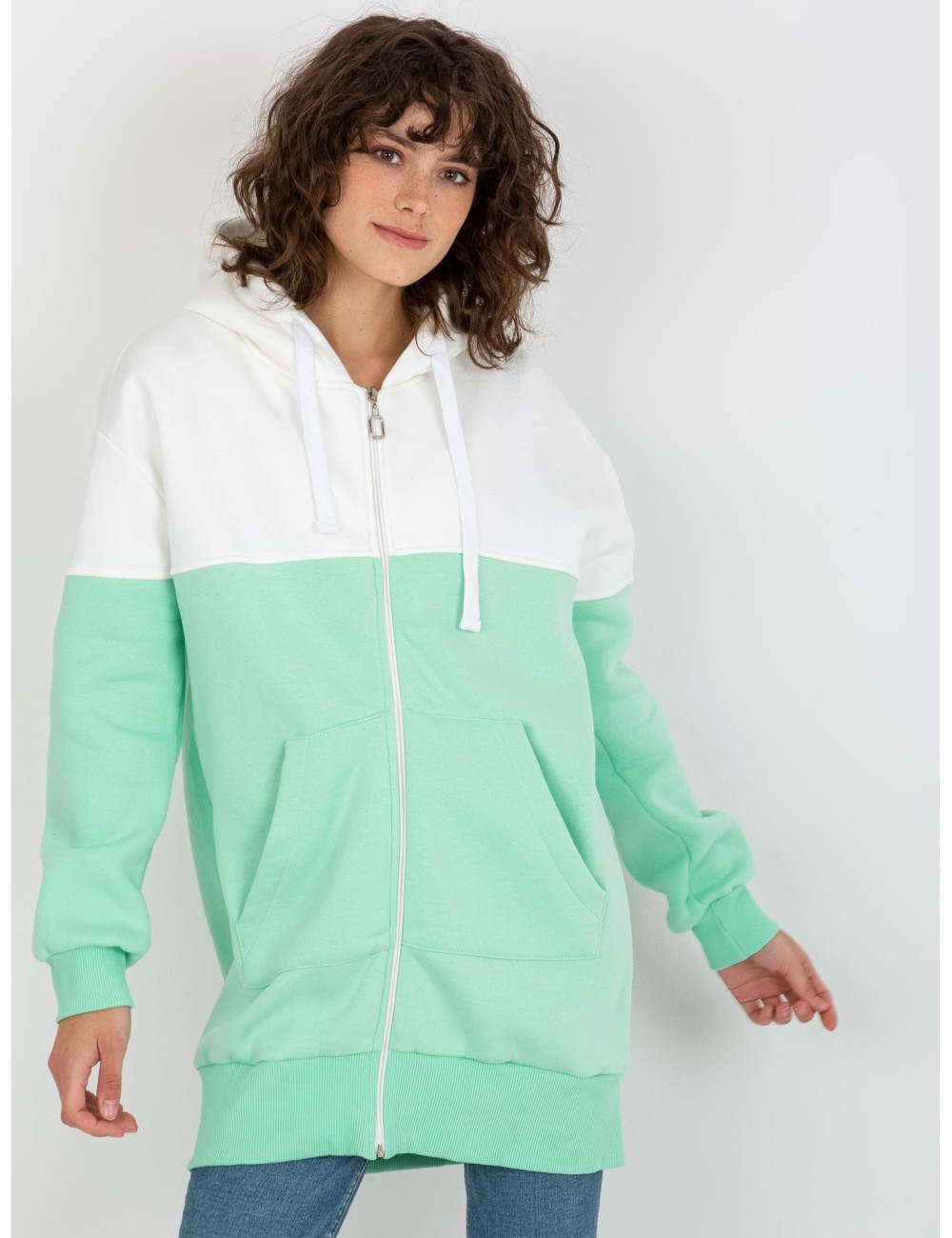 Ecru-szara dresowa długa bluza basic z suwakiem