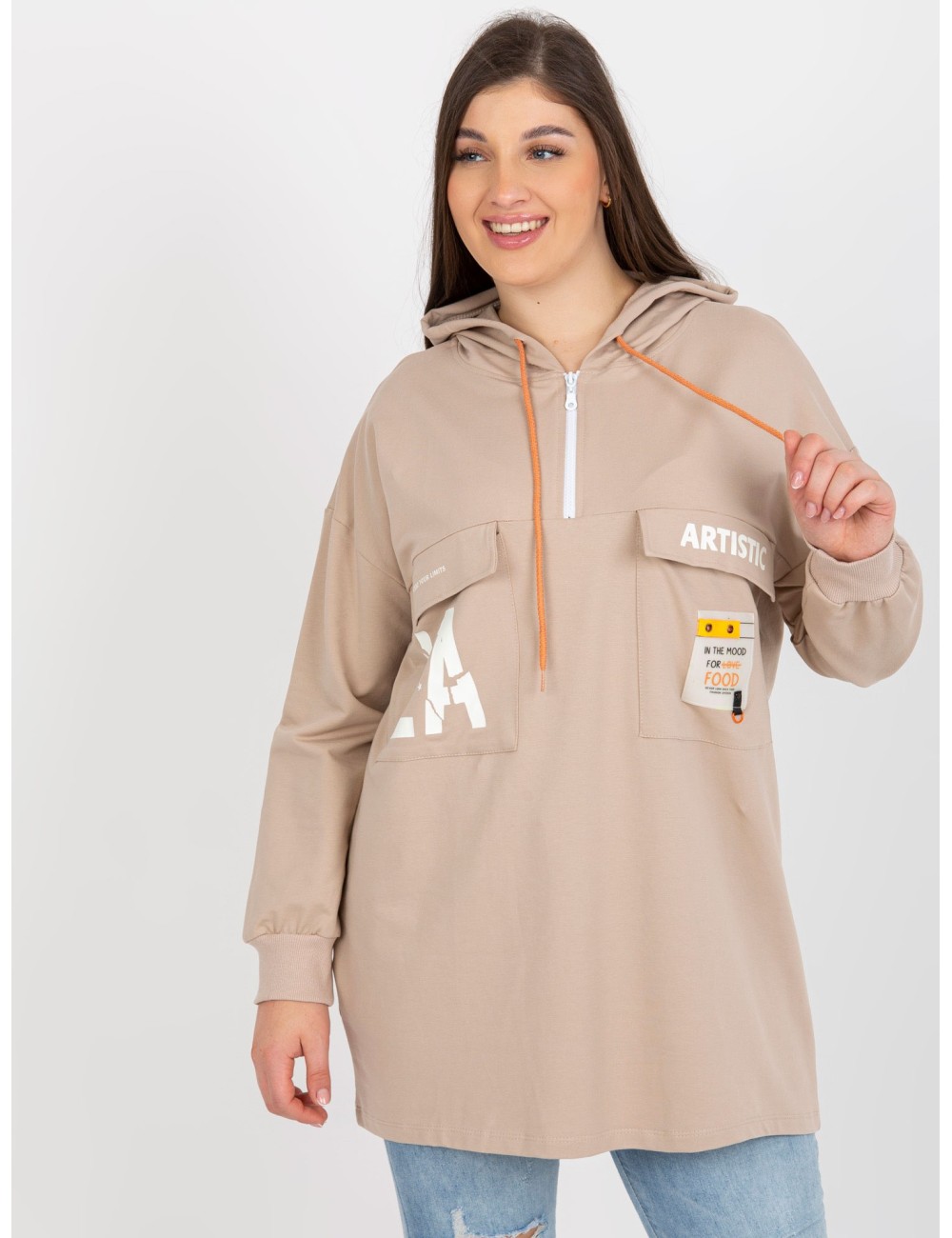 Khaki dłuższa bluza plus size z suwakiem u góry