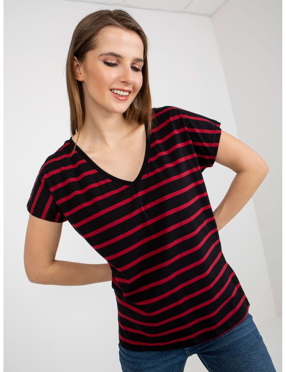 Damski t-shirt basic w paski z bawełny