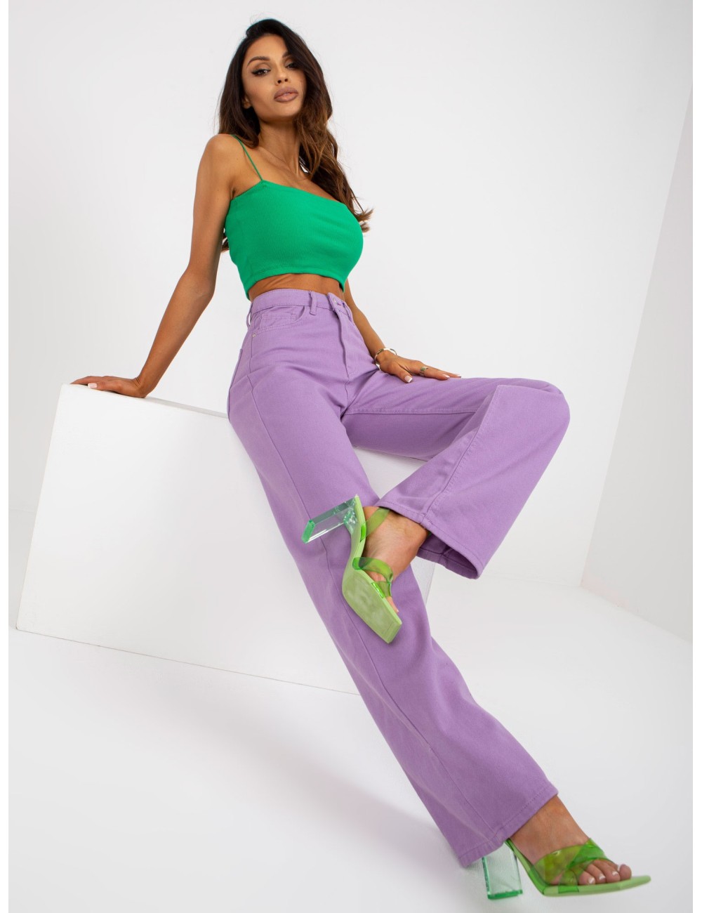 Fioletowe damskie szerokie spodnie jeansowe high waist