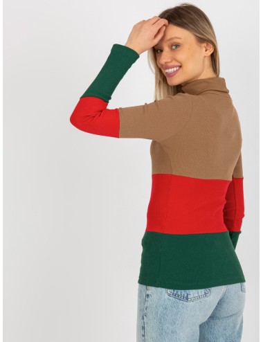 Ciemnocamelowo-czerwona prążkowana bluzka basic z golfem