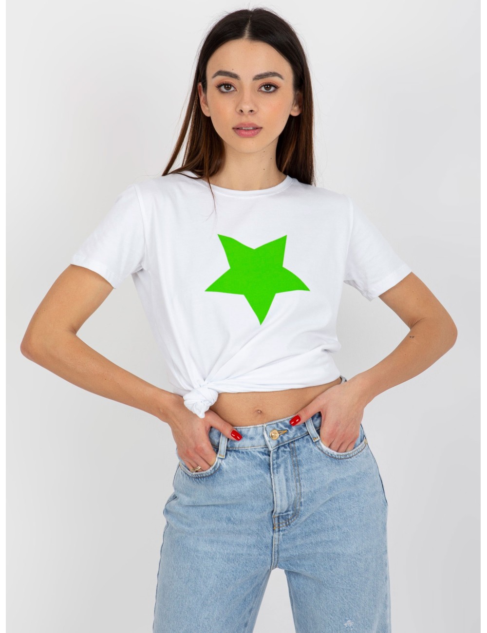 Biało-pomarańczowy damski t-shirt basic z nadrukiem