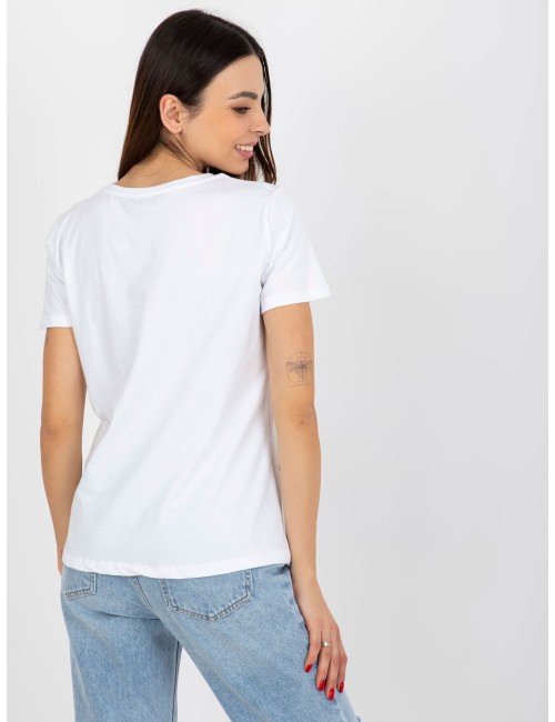 Biało-pomarańczowy damski t-shirt basic z nadrukiem