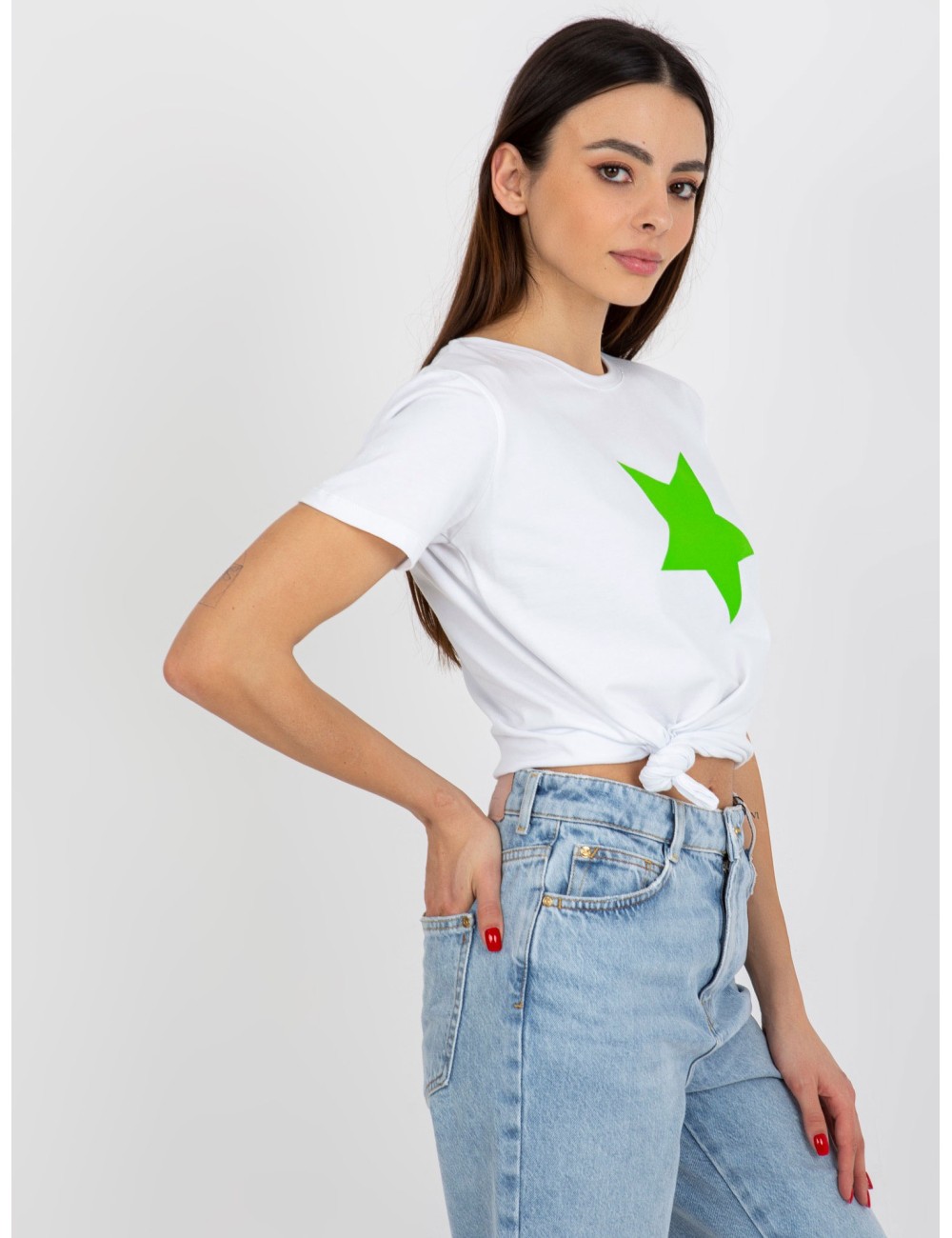 Biało-pomarańczowy damski t-shirt basic z nadrukiem