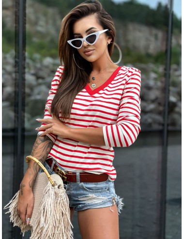Ecru-czerwona bluzka casualowa basic w paski MAYFLIES