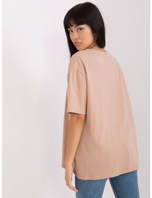 Beżowy damski t-shirt oversize z nadrukiem