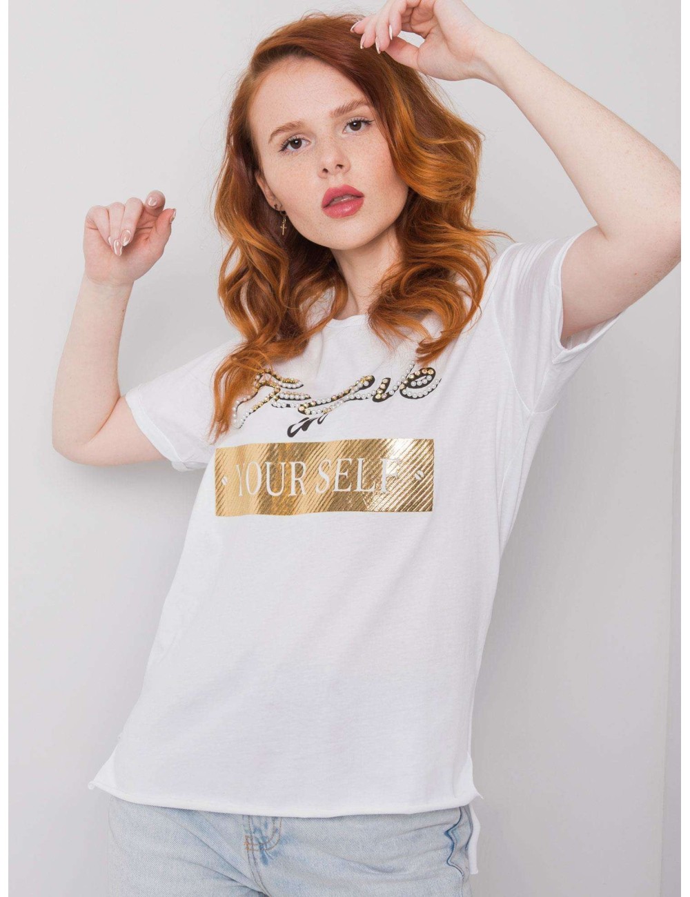 T-shirt bawełniany z nadrukiem i aplikacją