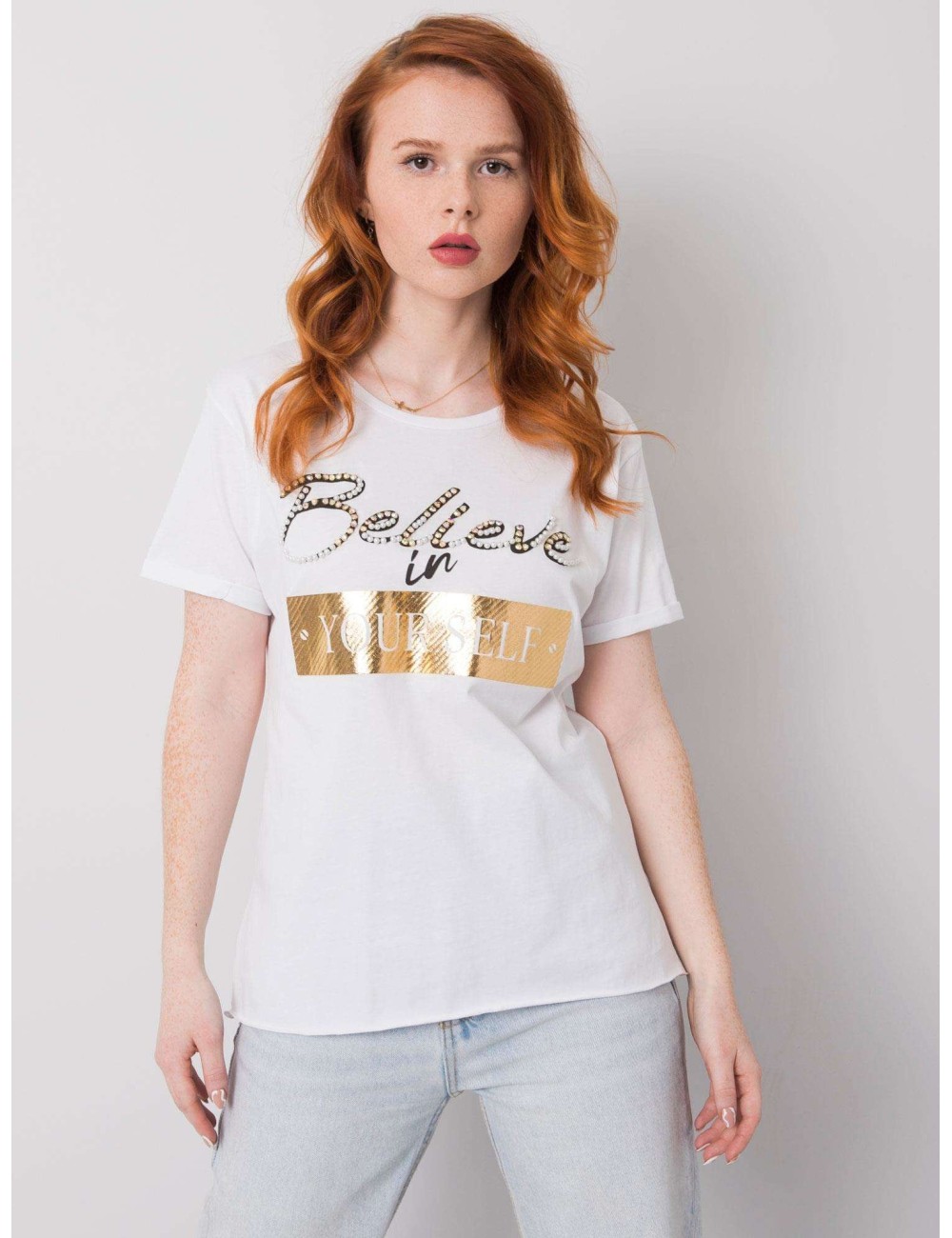 T-shirt bawełniany z nadrukiem i aplikacją