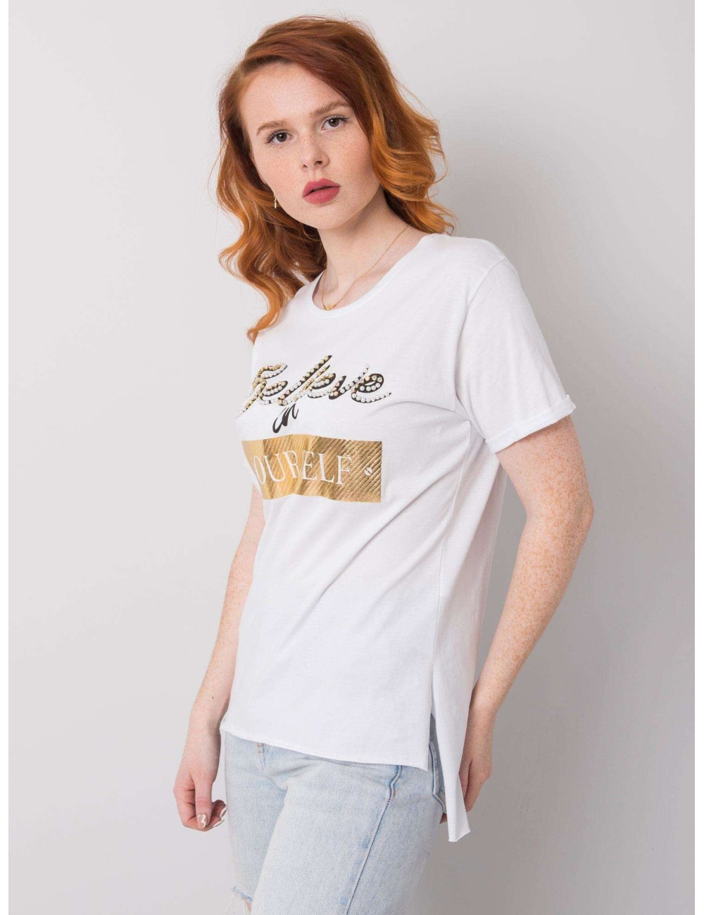 T-shirt bawełniany z nadrukiem i aplikacją