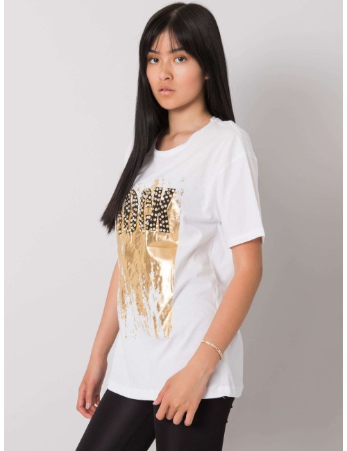 T-shirt z napisem i aplikacją