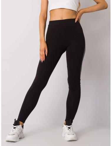 RUE PARIS Czarno-srebrne legginsy z lampasami