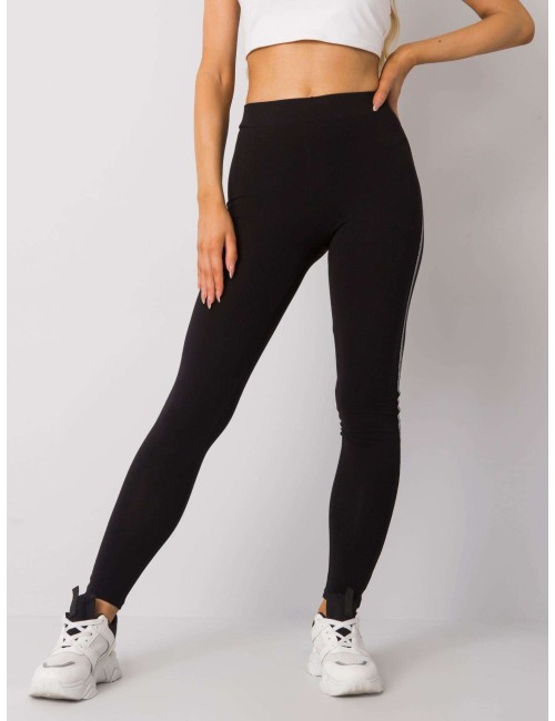 RUE PARIS Czarno-srebrne legginsy z lampasami