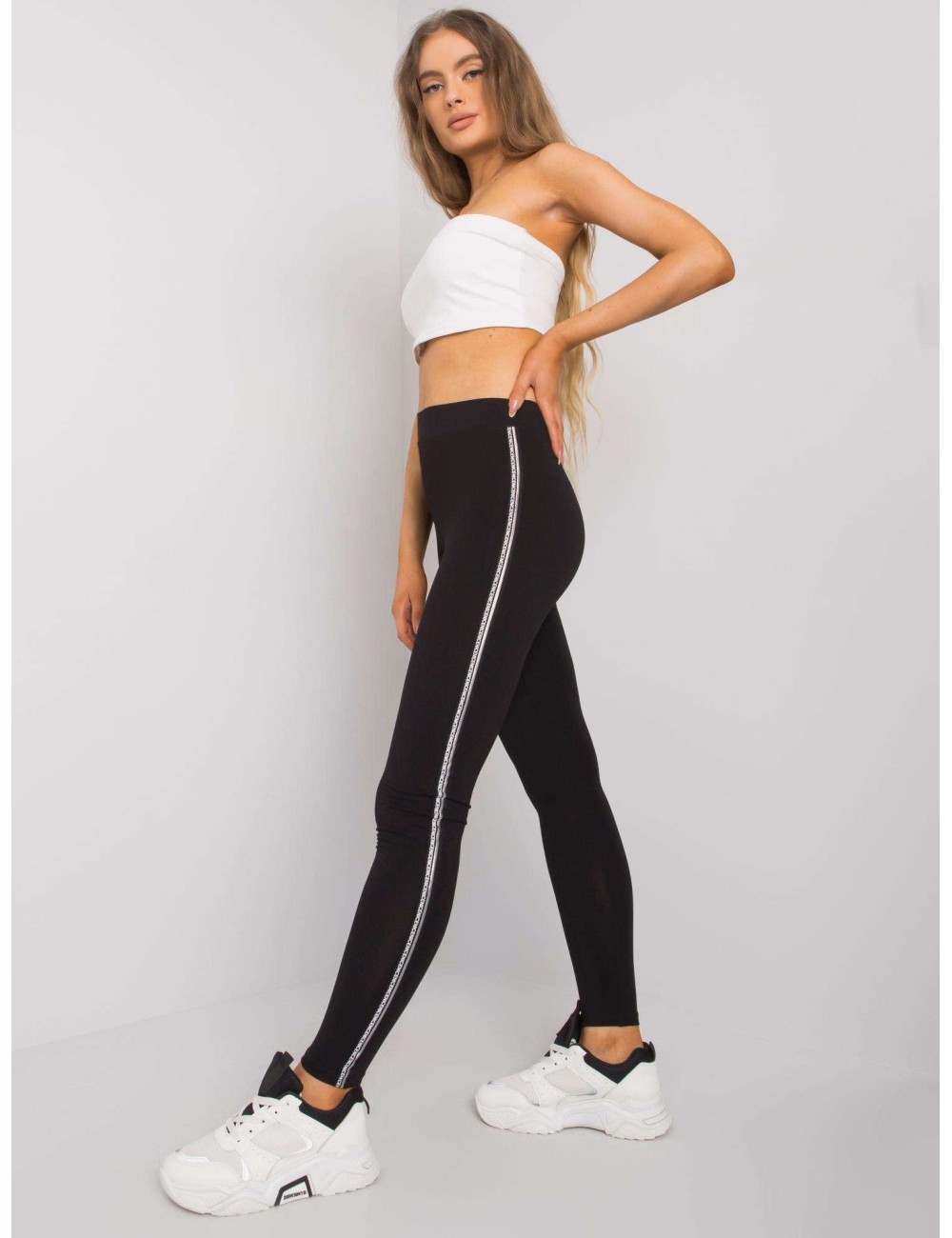 RUE PARIS Czarno-srebrne legginsy z lampasami