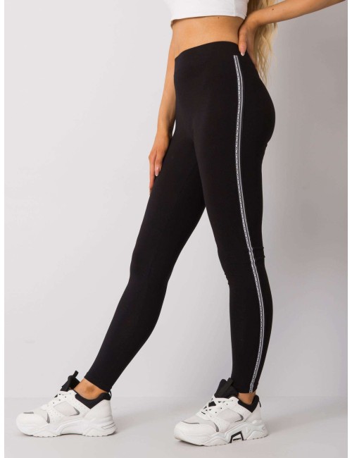 RUE PARIS Czarno-srebrne legginsy z lampasami