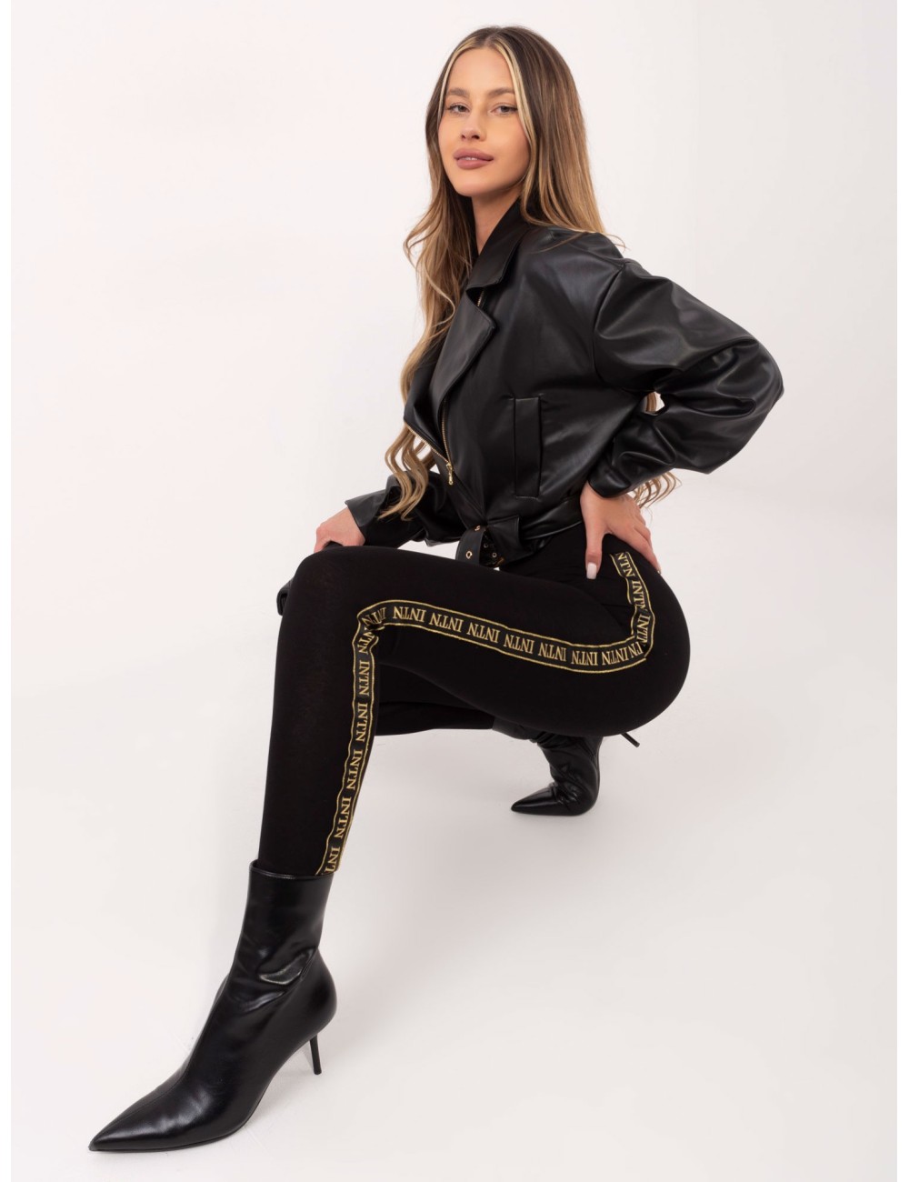 RUE PARIS Czarne legginsy ze srebrnymi lampasami