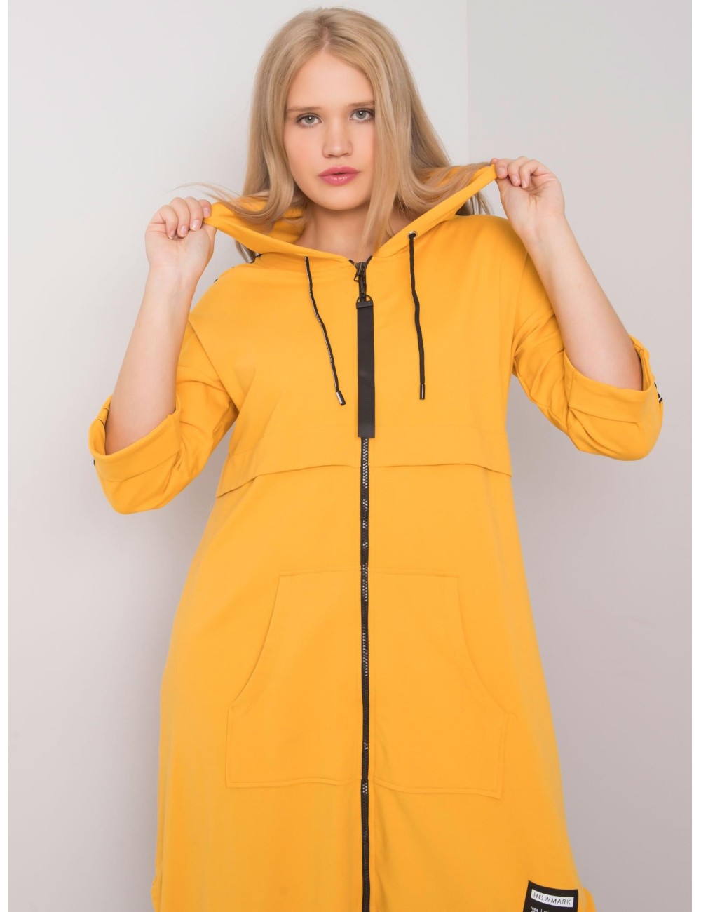 Żółta długa bluza plus size z kapturem