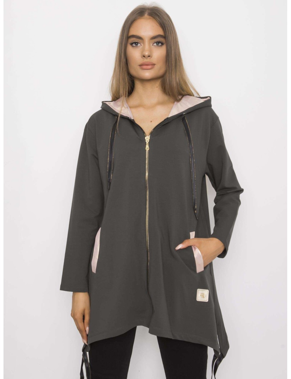 Khaki bluza na suwak z kieszeniami